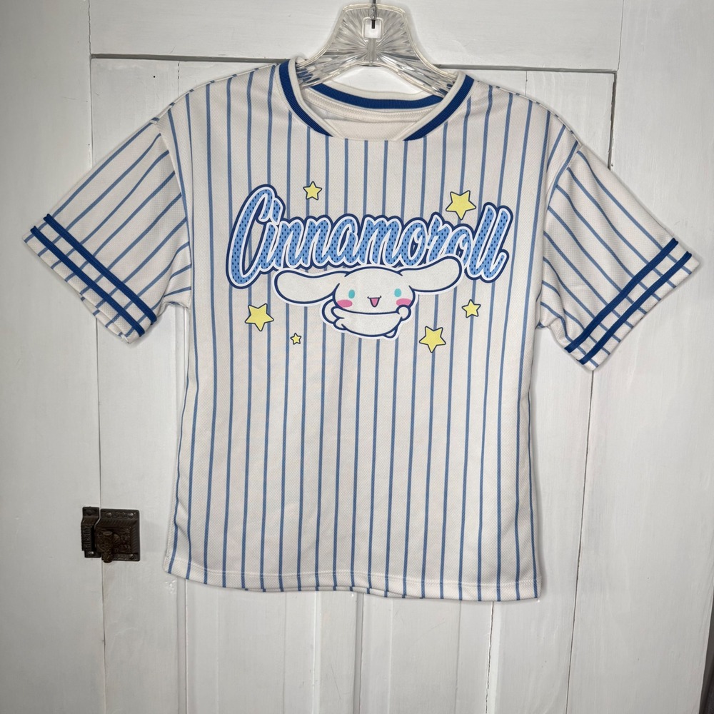 Cinnamoroll Kids Baseball Jersey Shirt Blue White Pinstripe Size M 8 Sanrio